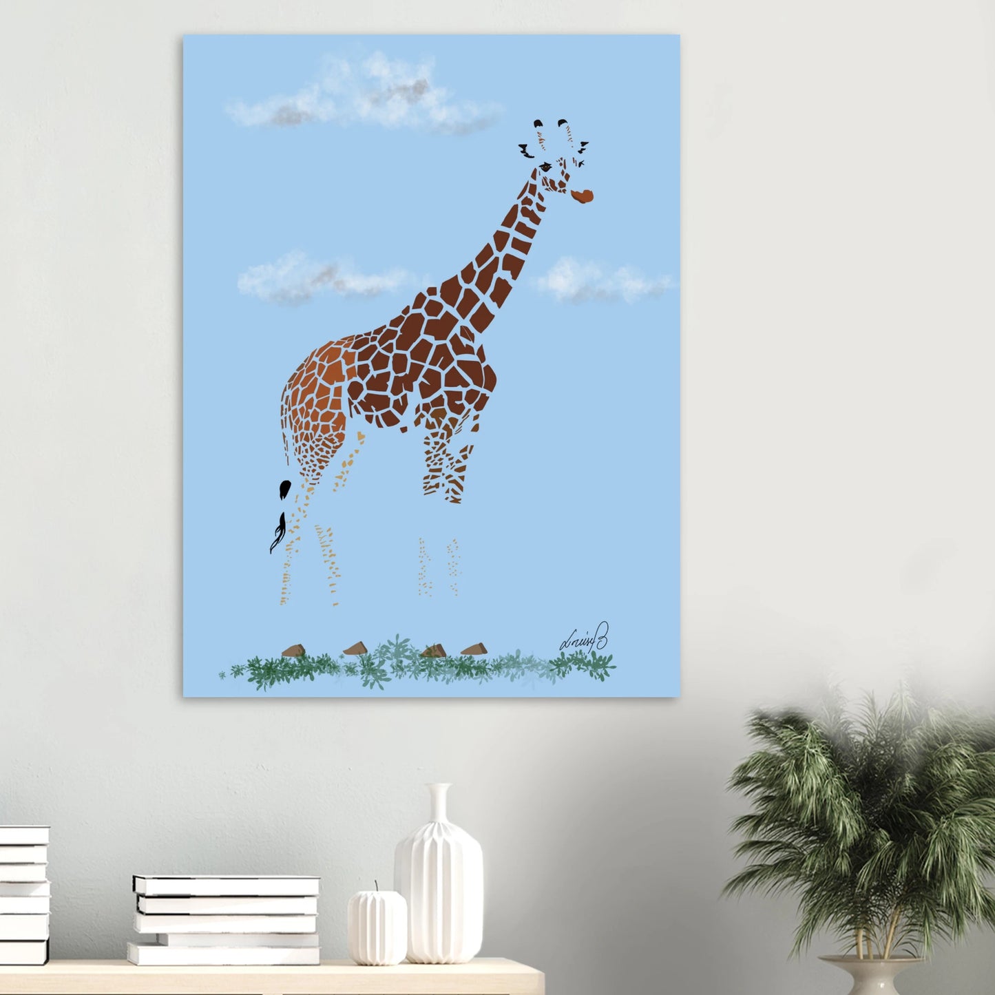 Modernt djurmotiv med giraff i grafiskt uttryck. Passar barnrum, vardagsrum och naturälskare som vill ha ett unikt och mjukt savannmotiv.
