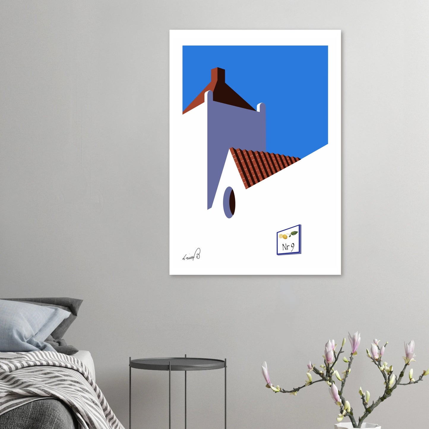 Grafiskt och stilrent husmotiv inspirerat av Medelhavet. Perfekt till sommarhem, kök, hall eller rummet som behöver färg och arkitektonisk enkelhet.