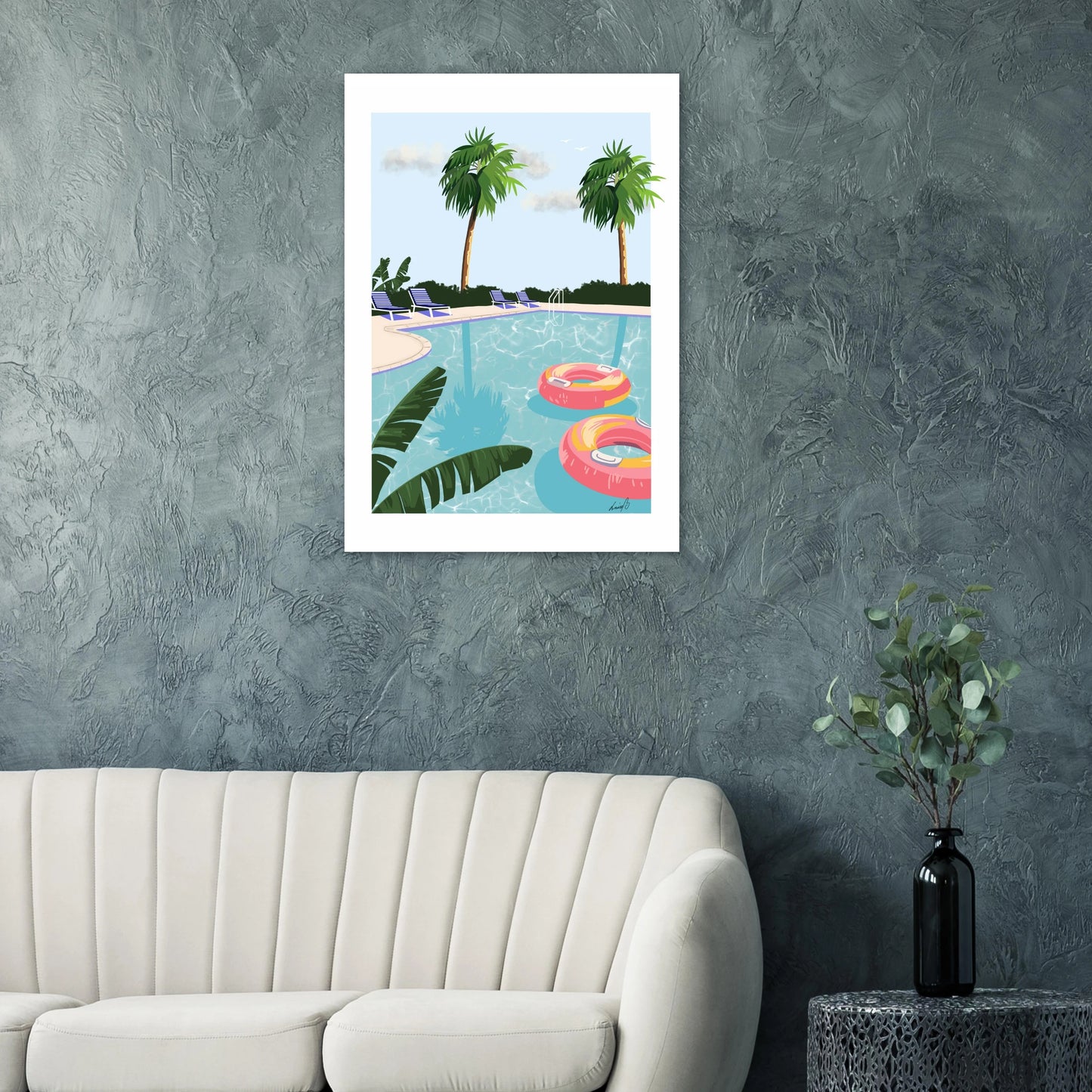 Print med poolmotiv, palmer och solsken. En modern illustration med avslappnad semesterkänsla i mjuka färger