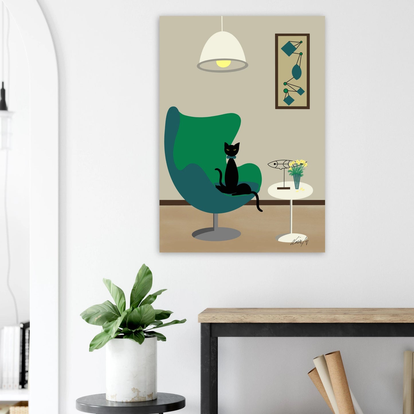 Digital illustration i modern retrostil med kattmotiv. Grafiskt print med eleganta linjer och harmoniska färger.