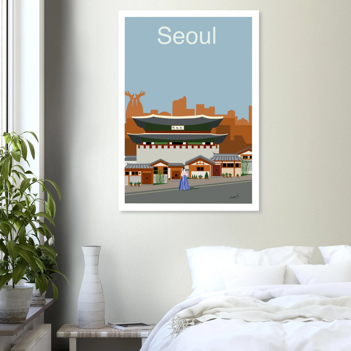 Digital art print inspirerad av Seoul. Ett grafiskt konstverk som fångar mötet mellan historia och nutid, i varma harmoniska toner.