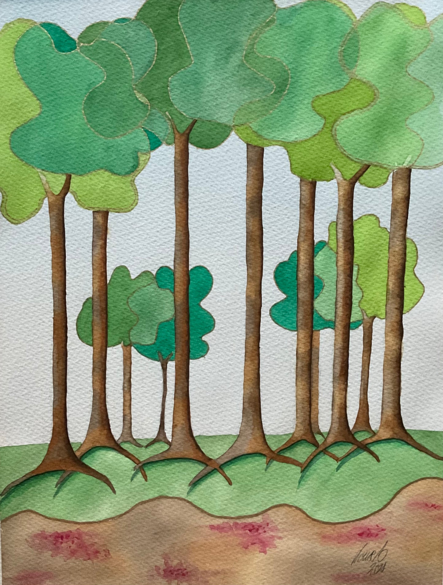 Akvarellmålningar i gröna nyanser som skildrar en lugn skog. Två originalverk som säljs tillsammans. Handmålade av svensk konstnär. Perfekt för naturälskare och hem i harmonisk stil.