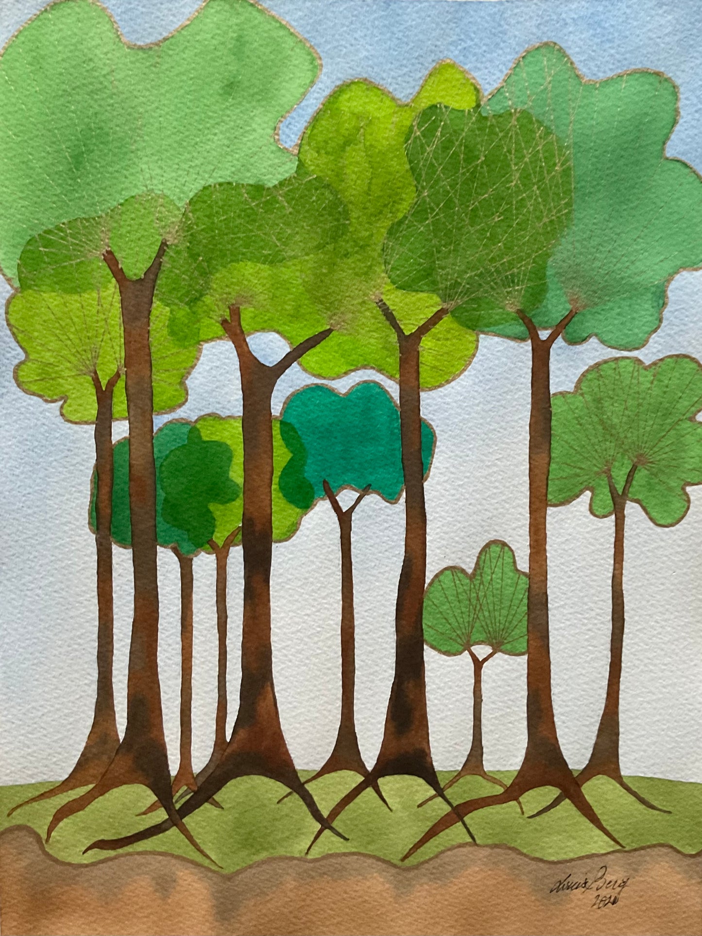 Akvarellmålningar i gröna nyanser som skildrar en lugn skog. Två originalverk som säljs tillsammans. Handmålade av svensk konstnär. Perfekt för naturälskare och hem i harmonisk stil.