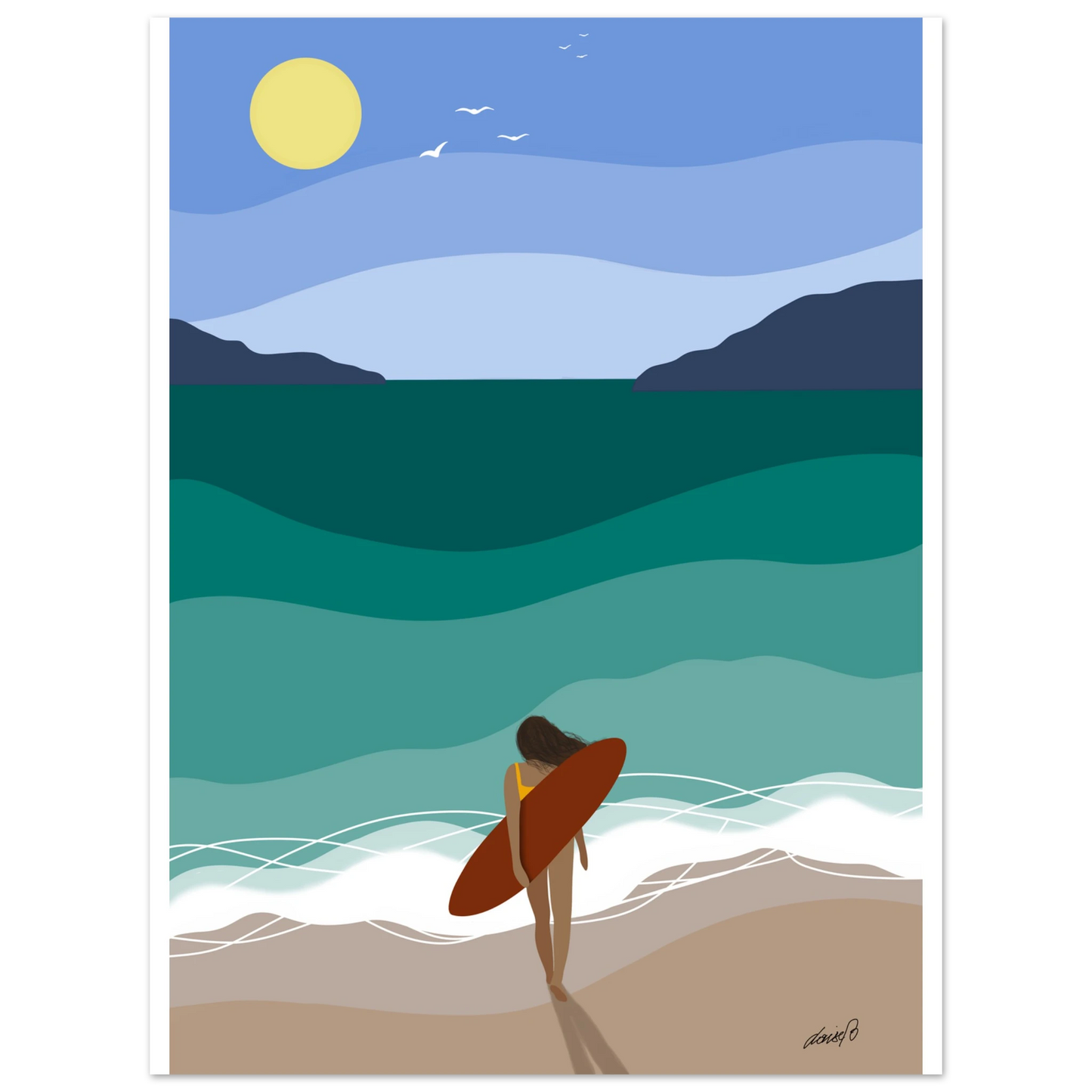 The Wave Within – surf och stillhet i digital konst. Ett harmoniskt konstverk med surfare och hav. Digital art print som fångar lugn, rörelse och inre frihet. | Louise Berg
