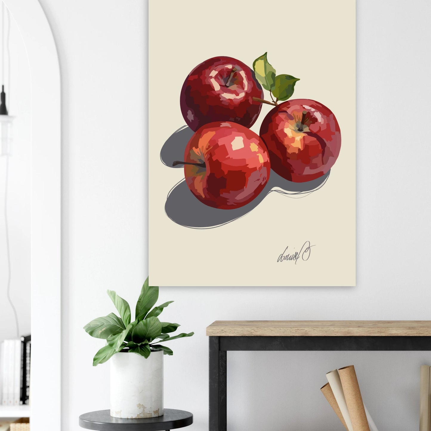 Ett harmoniskt äppelprint i varma röda nyanser med mjuka skuggor och tidlös känsla. Perfekt för ett varmt och personligt hem.