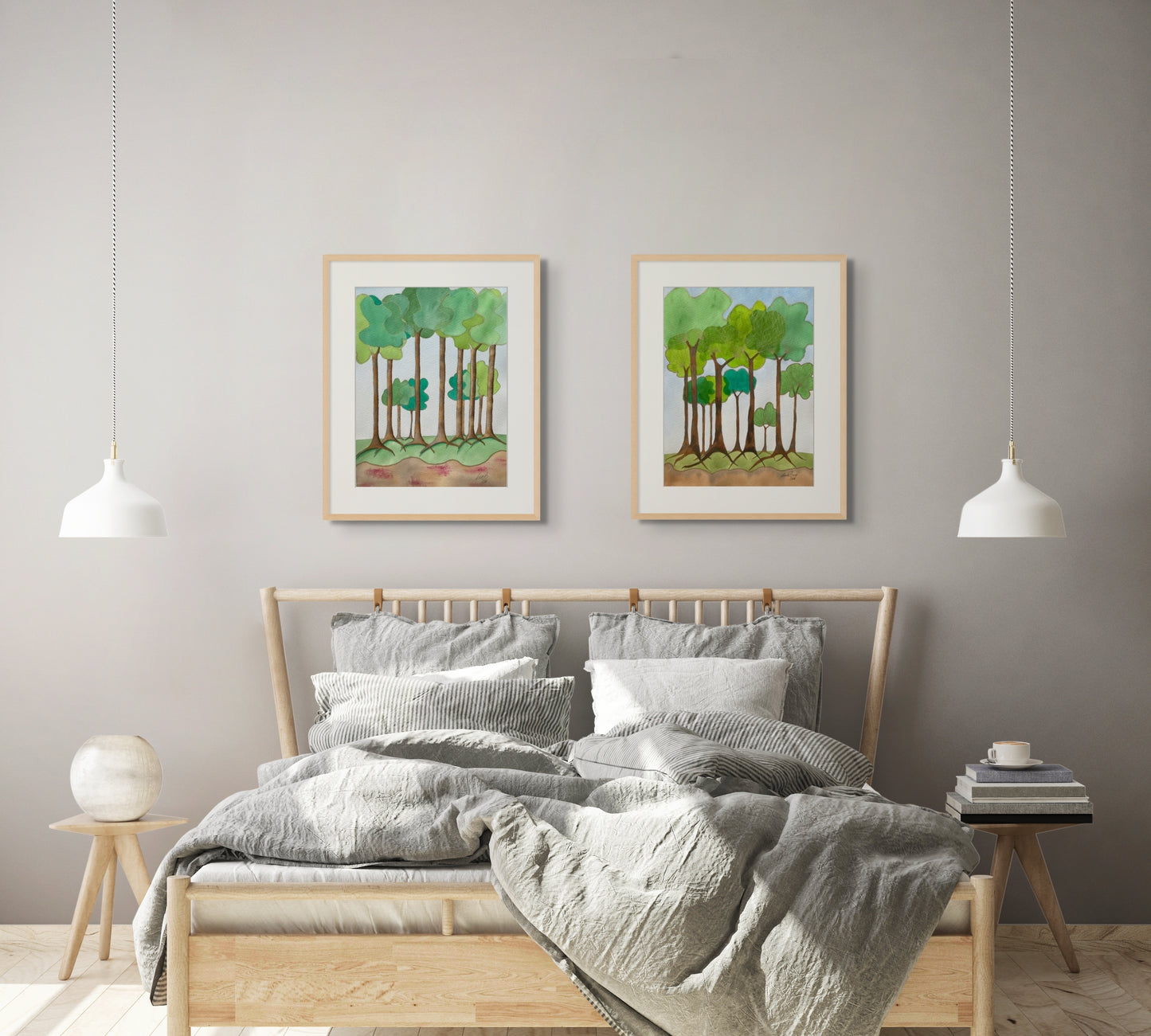 Akvarellmålningar i gröna nyanser som skildrar en lugn skog. Två originalverk som säljs tillsammans. Handmålade av svensk konstnär. Perfekt för naturälskare och hem i harmonisk stil.