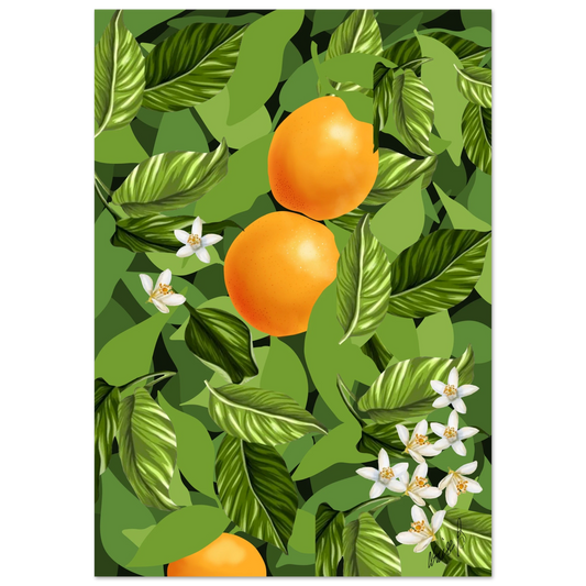 Digitalt konsttryck med apelsiner och citrusblommor i frodig grönska. Ett färgstarkt print som för tankarna till sommar och solmogna dofter.
