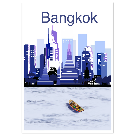 Ett konstverk som fångar Bangkoks rytm och balans mellan tradition och framtid. Digital art print i djupa blå och lila nyanser.