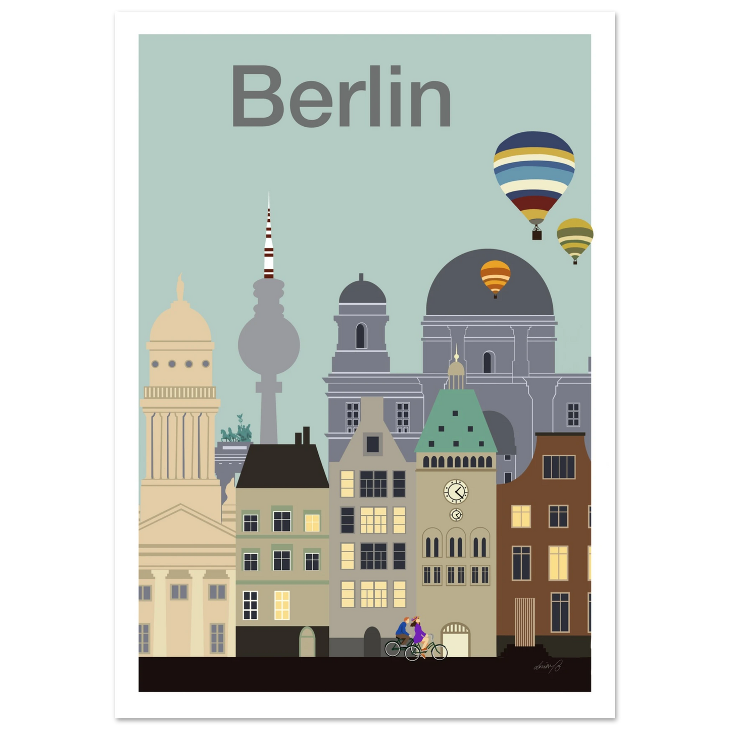 Modernt stadsprint inspirerat av Berlin med arkitektur, luftballonger och europeisk stadskänsla i mjuka harmoniska toner.