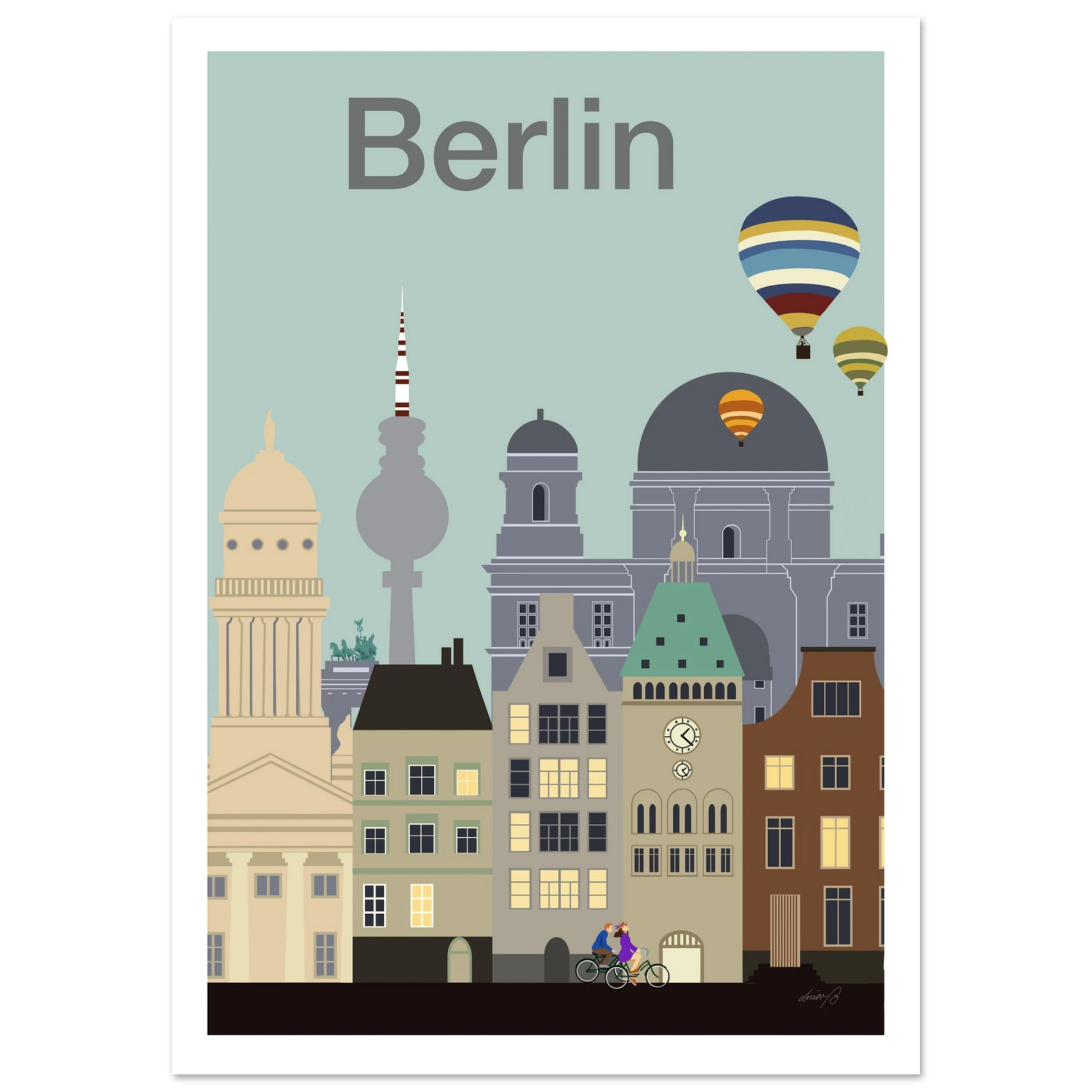 Modernt stadsprint inspirerat av Berlin med arkitektur, luftballonger och europeisk stadskänsla i mjuka harmoniska toner.