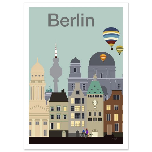 Modernt stadsprint inspirerat av Berlin med arkitektur, luftballonger och europeisk stadskänsla i mjuka harmoniska toner.