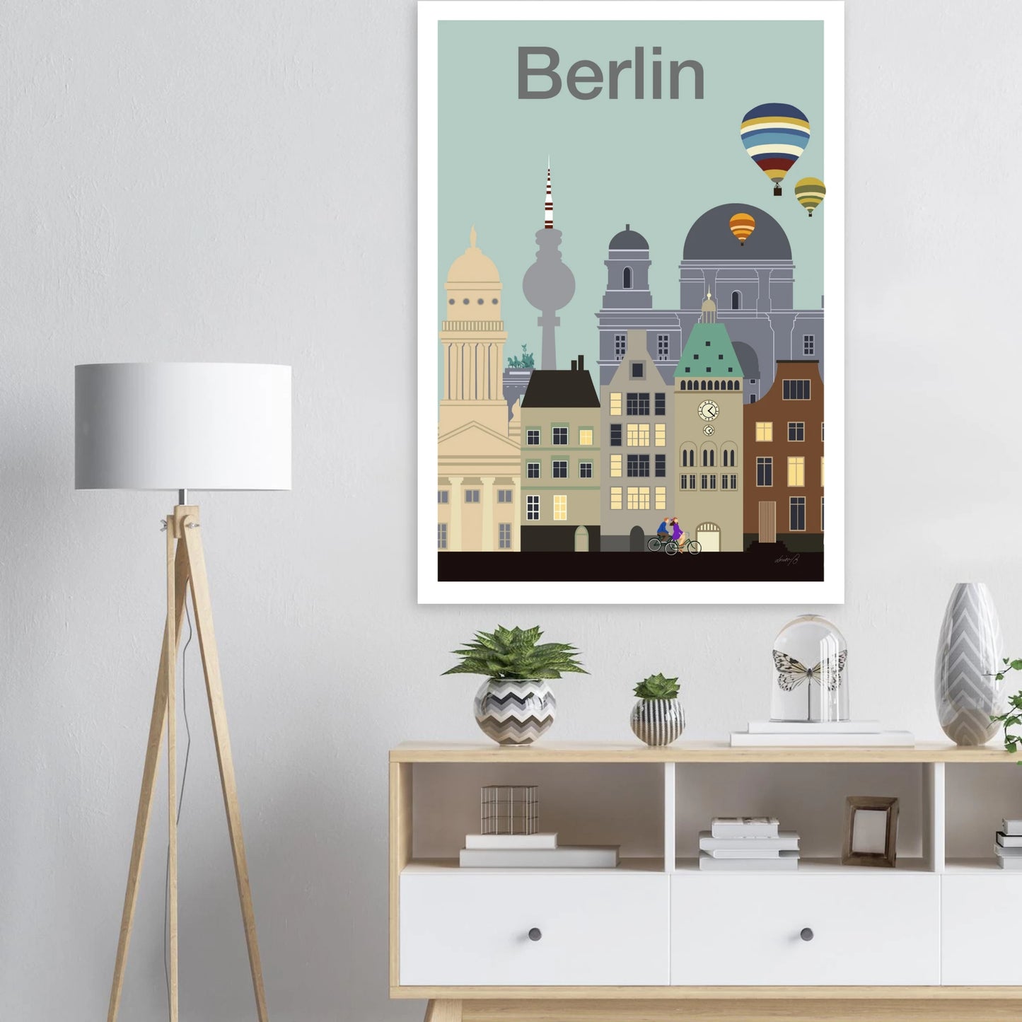 Modernt stadsprint inspirerat av Berlin med arkitektur, luftballonger och europeisk stadskänsla i mjuka harmoniska toner.