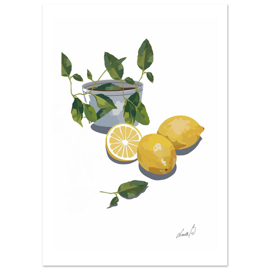 Digital art print med citronmotiv. Modernt konsttryck i friska färger – perfekt för kök eller matrum.