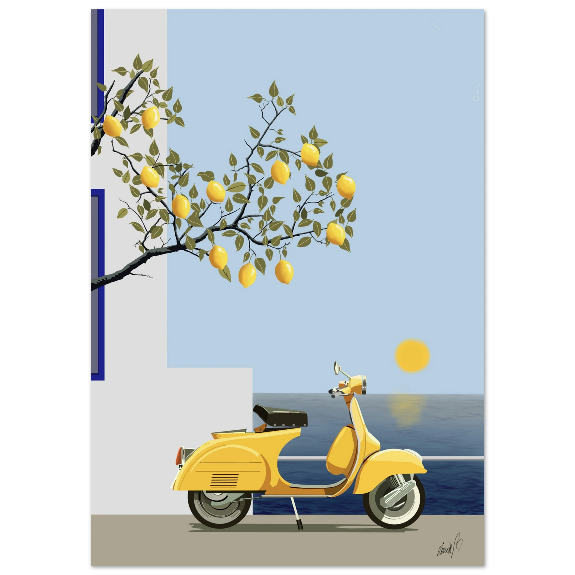 Ett somrigt konstprint med citronträd, havsutsikt och gul scooter i stilren medelhavsinspirerad design. Perfekt för ett varmt och harmoniskt hem.