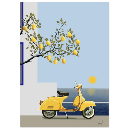 Ett somrigt konstprint med citronträd, havsutsikt och gul scooter i stilren medelhavsinspirerad design. Perfekt för ett varmt och harmoniskt hem.