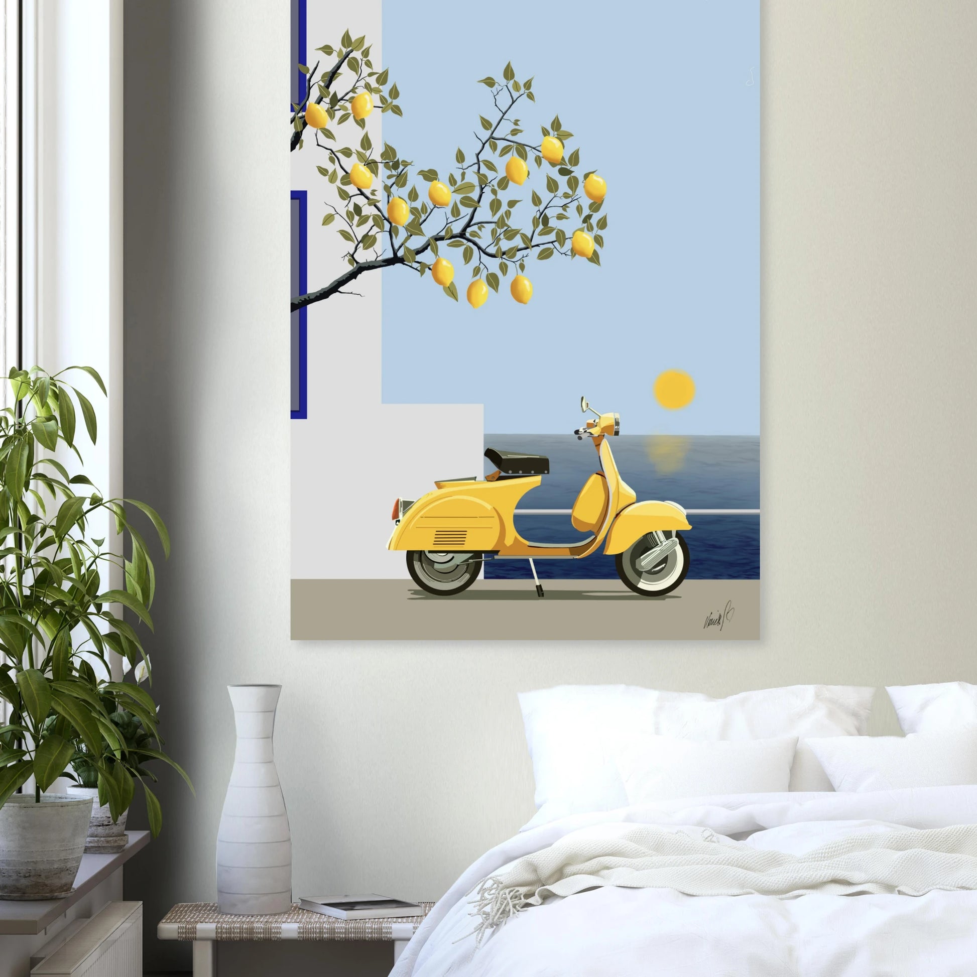 Ett somrigt konstprint med citronträd, havsutsikt och gul scooter i stilren medelhavsinspirerad design. Perfekt för ett varmt och harmoniskt hem.