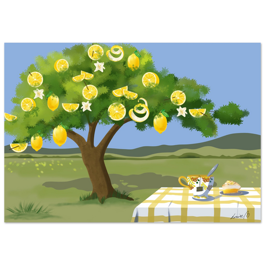 Digital konstprint med citronträd och sommarkänsla. Illustration med varm, ljus ton – perfekt för kök, uterum eller vardagsrum.