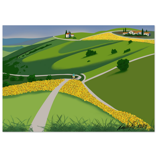 Digitalt konsttryck med solrosfält och cyklist i gröna kullar. Ett färgstarkt motiv som förmedlar sommar och frihet.