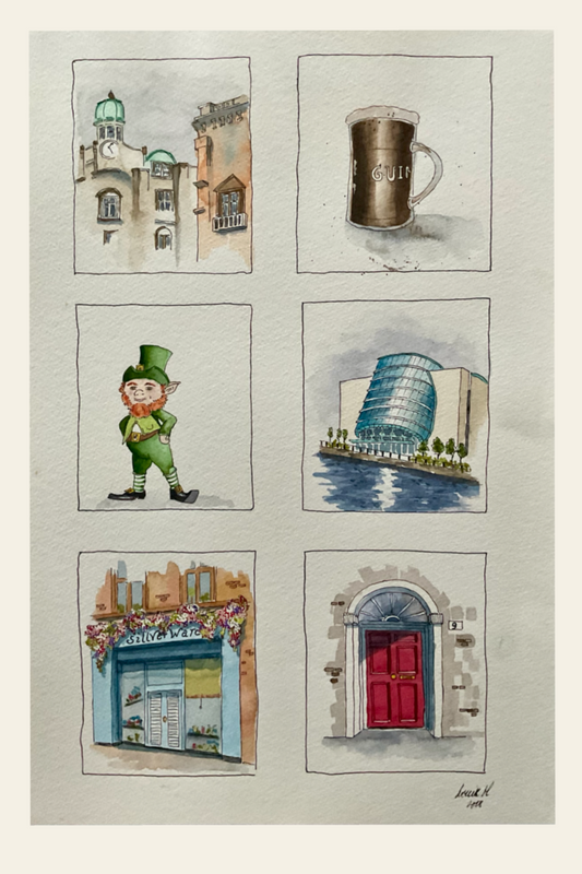 Originalmålning i akvarell av Dublin – motiv med pub, arkitektur och irländsk charm.