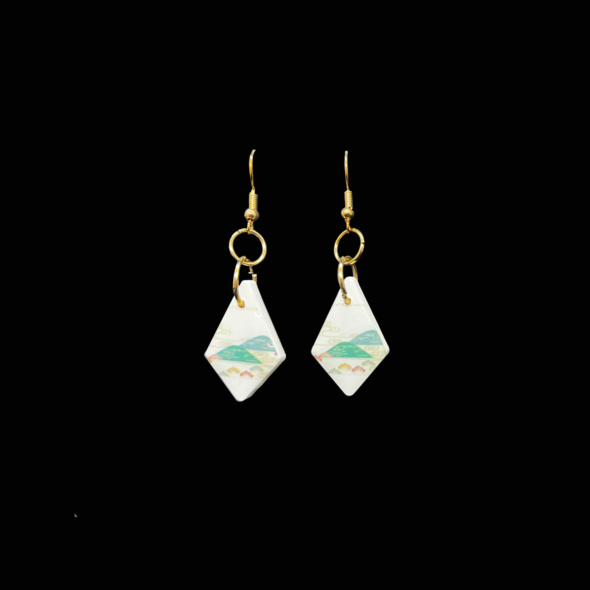 Handgjorda örhängen i resin med landskapsmönster. Unik design i grönt och guld – stilrena och eleganta smycken från Louise.