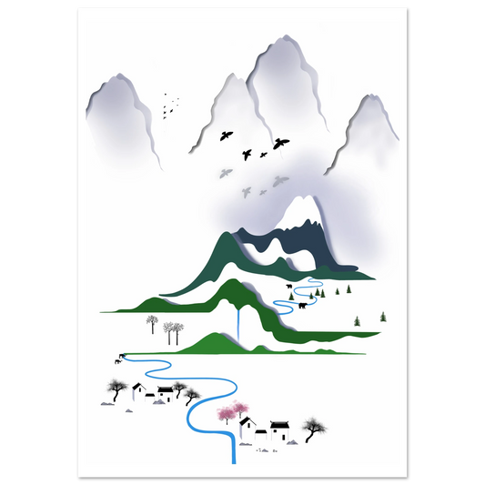 Digital illustration inspirerad av asiatisk landskapskonst. Minimalistiskt motiv med flod, berg och natur i harmoni.