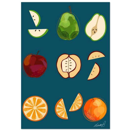 Digital art print med fruktmotiv i klara färger. Modern konst för hemmet – lekfull och stilren.