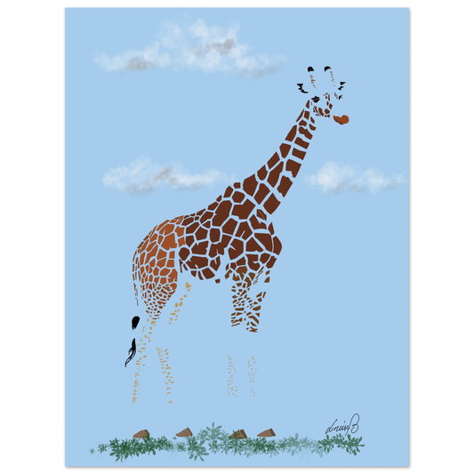 Modernt djurmotiv med giraff i grafiskt uttryck. Passar barnrum, vardagsrum och naturälskare som vill ha ett unikt och mjukt savannmotiv.