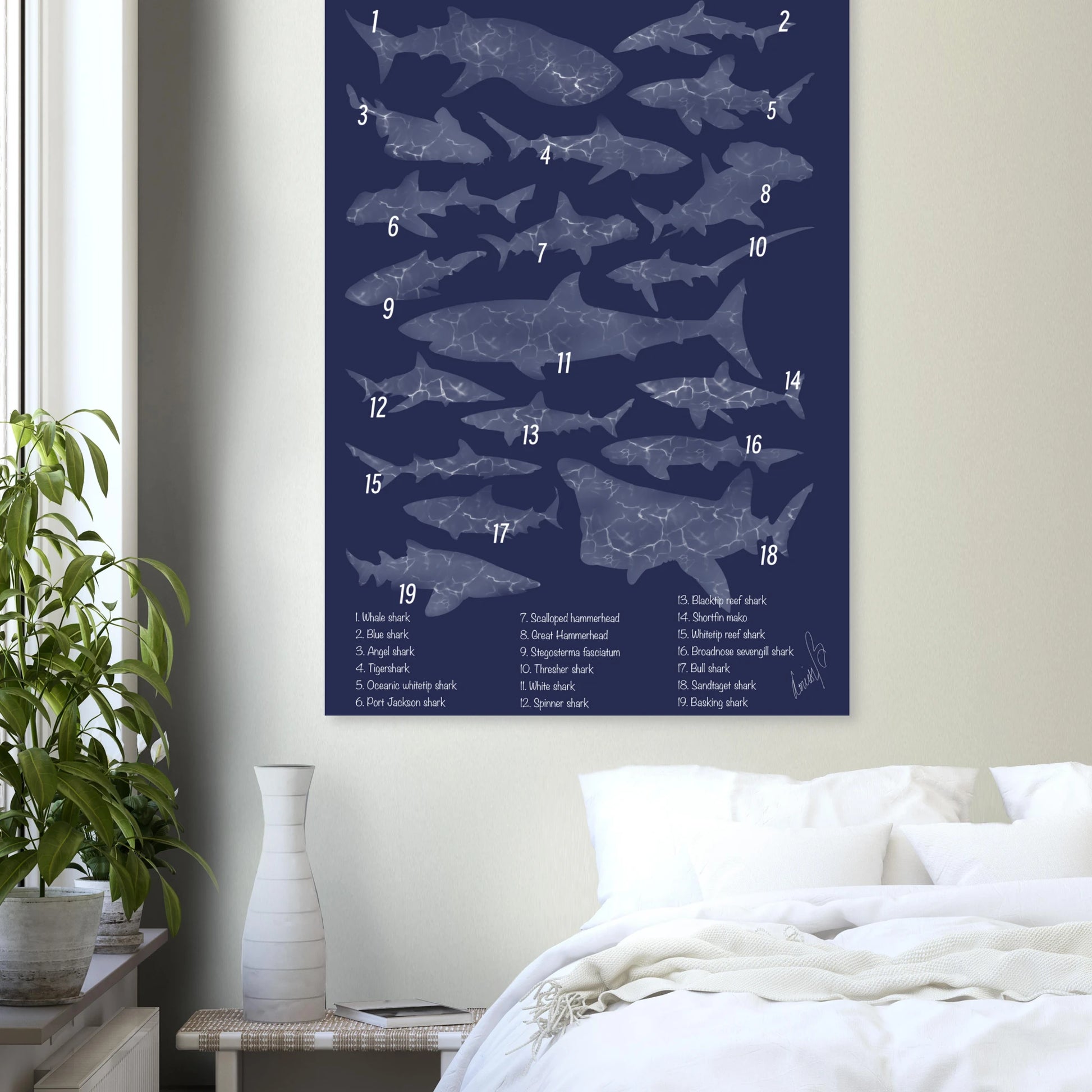 Modernt hajprint med djupblå färger och grafiskt uttryck. Ett stilrent konstprint inspirerat av havets mystik och styrka.