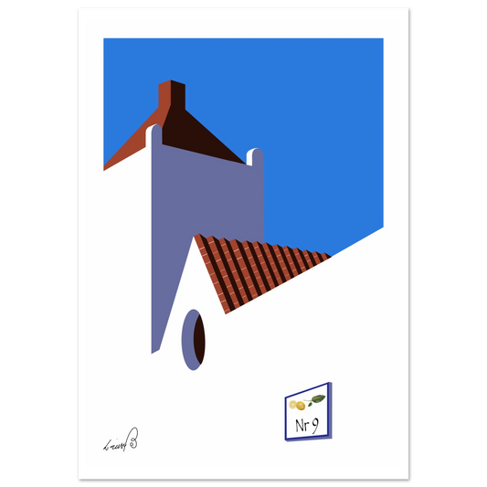 Grafiskt och stilrent husmotiv inspirerat av Medelhavet. Perfekt till sommarhem, kök, hall eller rummet som behöver färg och arkitektonisk enkelhet.