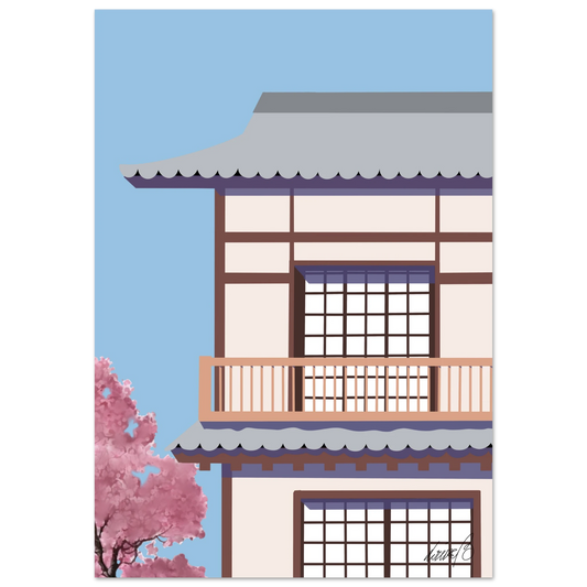 Digital art print inspirerad av japansk arkitektur. Mjuk färgpalett med rosa och blå toner – perfekt för en harmonisk inredning.