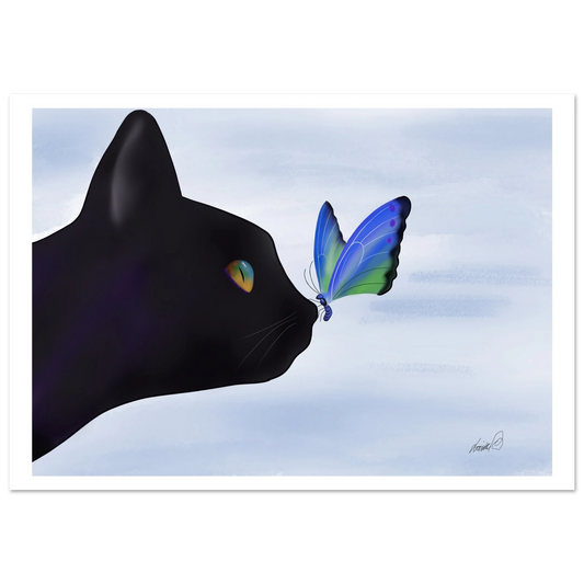 Digital illustration med katt och fjäril. Mjukt och drömskt konsttryck som fångar lugn och närvaro.