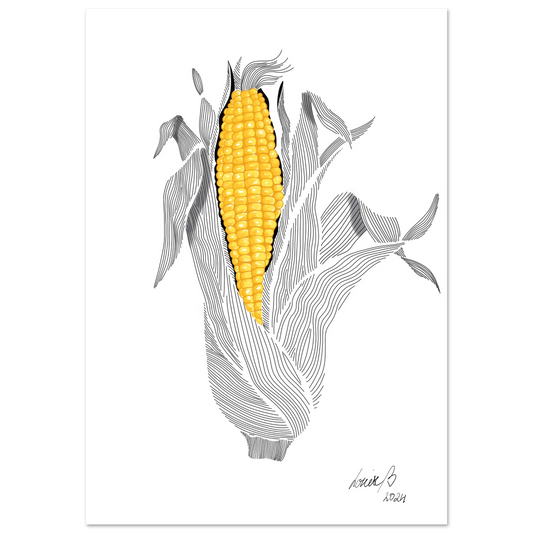 Digital art print med majsmotiv. Grafisk illustration i svart och gult – modern konst för kök eller vardagsrum.