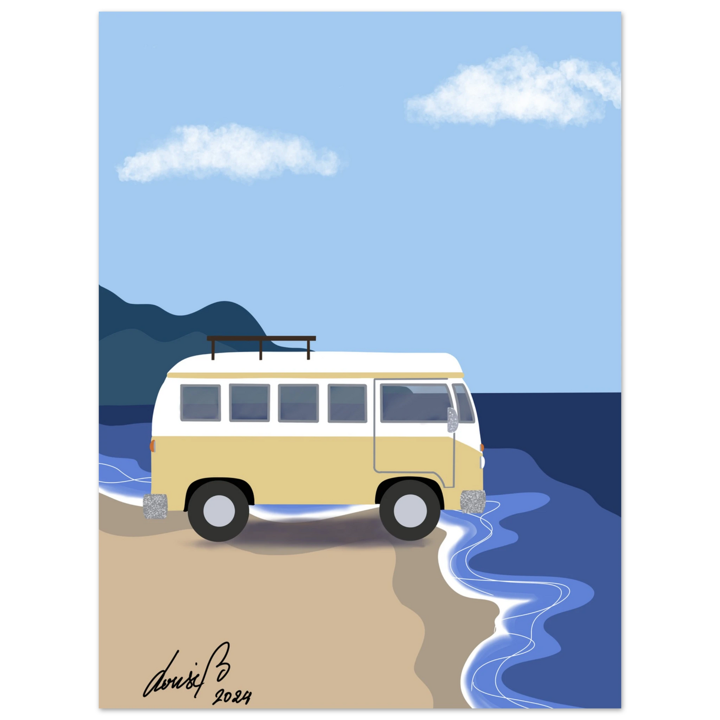 Ocean Drive – art print med hav och frihet | [Louise Berg] Ett stillsamt motiv vid havet där vägen möter vågorna. Digitalt konstverk i mjuka färger, tryckt på hållbart papper via Gelato.