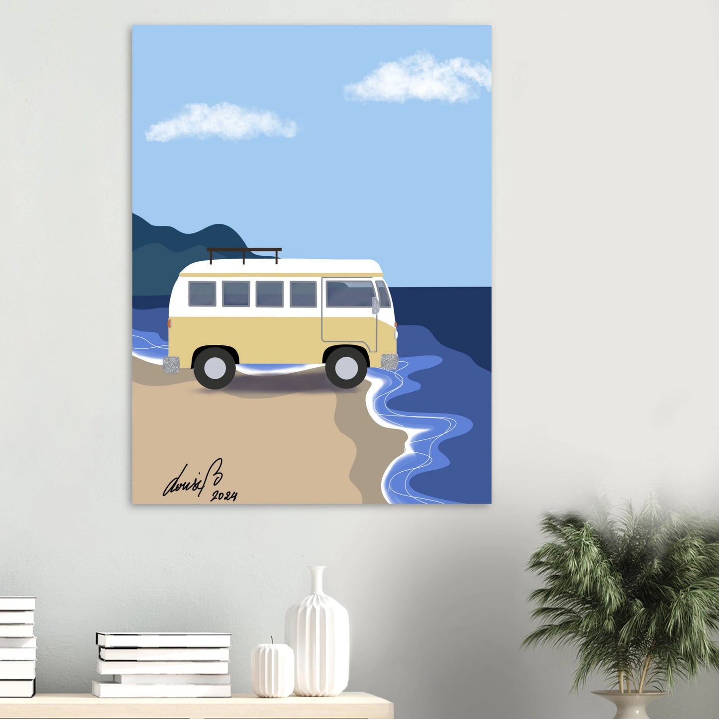 Ocean Drive – art print med hav och frihet | [Louise Berg] Ett stillsamt motiv vid havet där vägen möter vågorna. Digitalt konstverk i mjuka färger, tryckt på hållbart papper via Gelato.