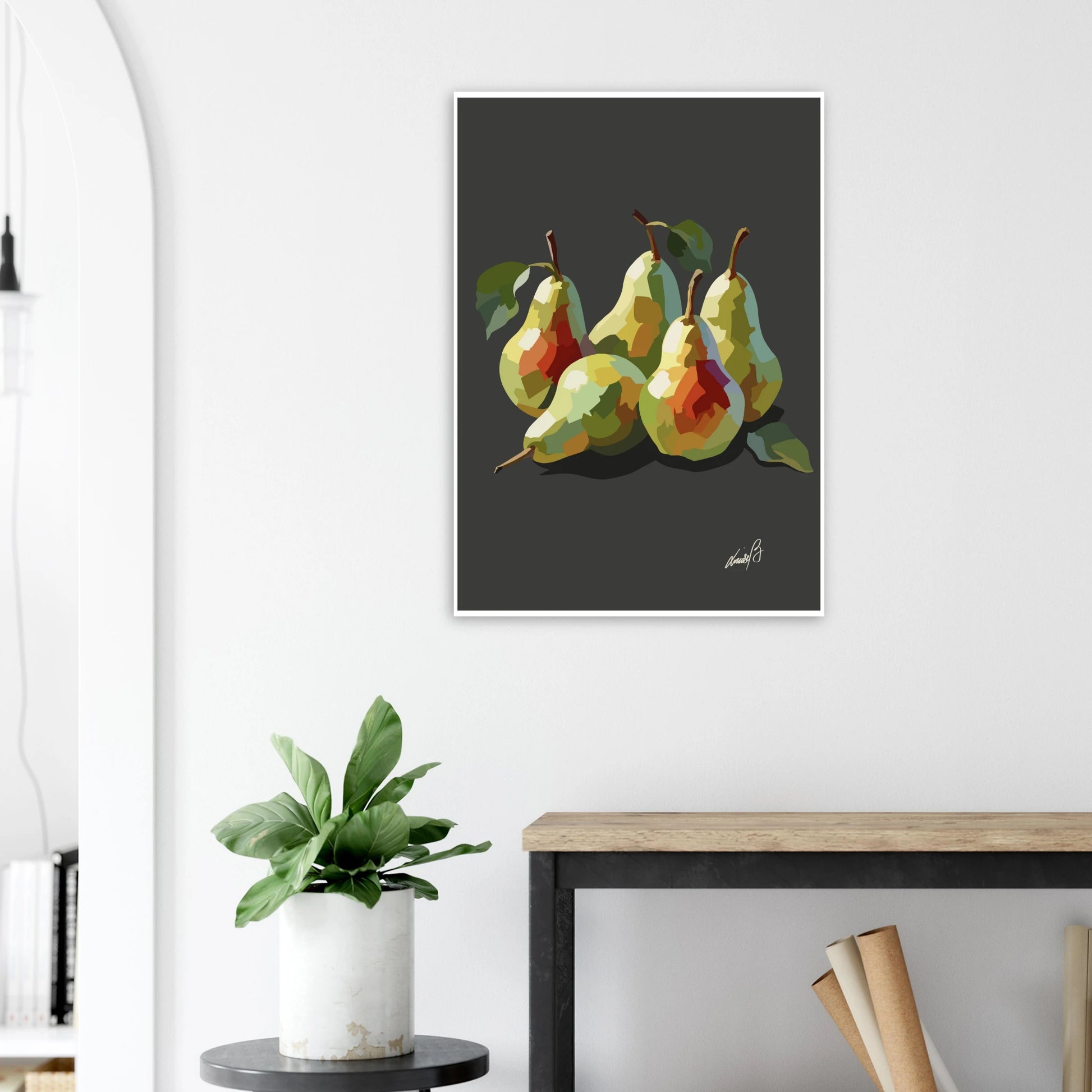 Ett elegant päronmotiv med djupa färger och modern känsla. Ett stilrent konstprint som skapar värme och karaktär i hemmet.