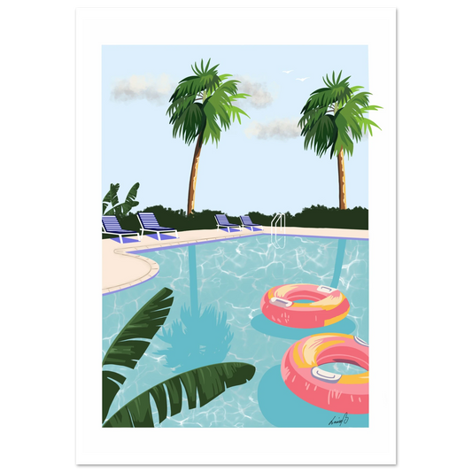 Print med poolmotiv, palmer och solsken. En modern illustration med avslappnad semesterkänsla i mjuka färger