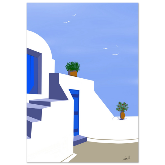 Digital art print med grekiskt arkitekturmotiv. Ljus, blå och vit färgskala – perfekt för ett luftigt, stilrent hem.