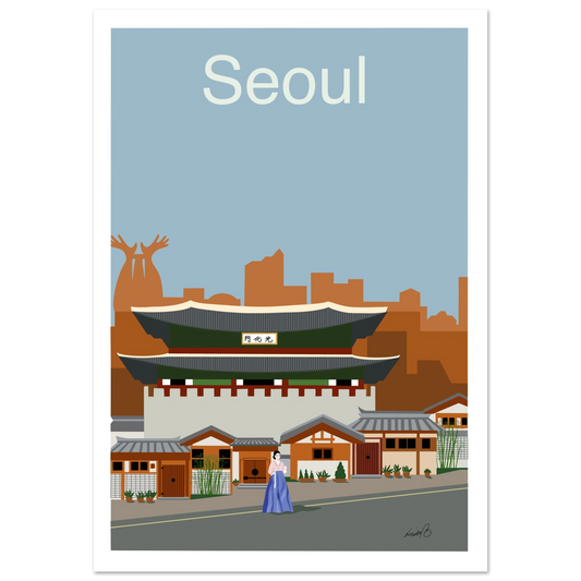 Digital art print inspirerad av Seoul. Ett grafiskt konstverk som fångar mötet mellan historia och nutid, i varma harmoniska toner.