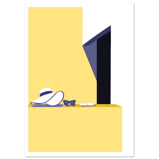 Digital art print i varm gul ton med hatt och bokmotiv. Minimalistisk illustration som för tankarna till siesta och sommarens lugn.
