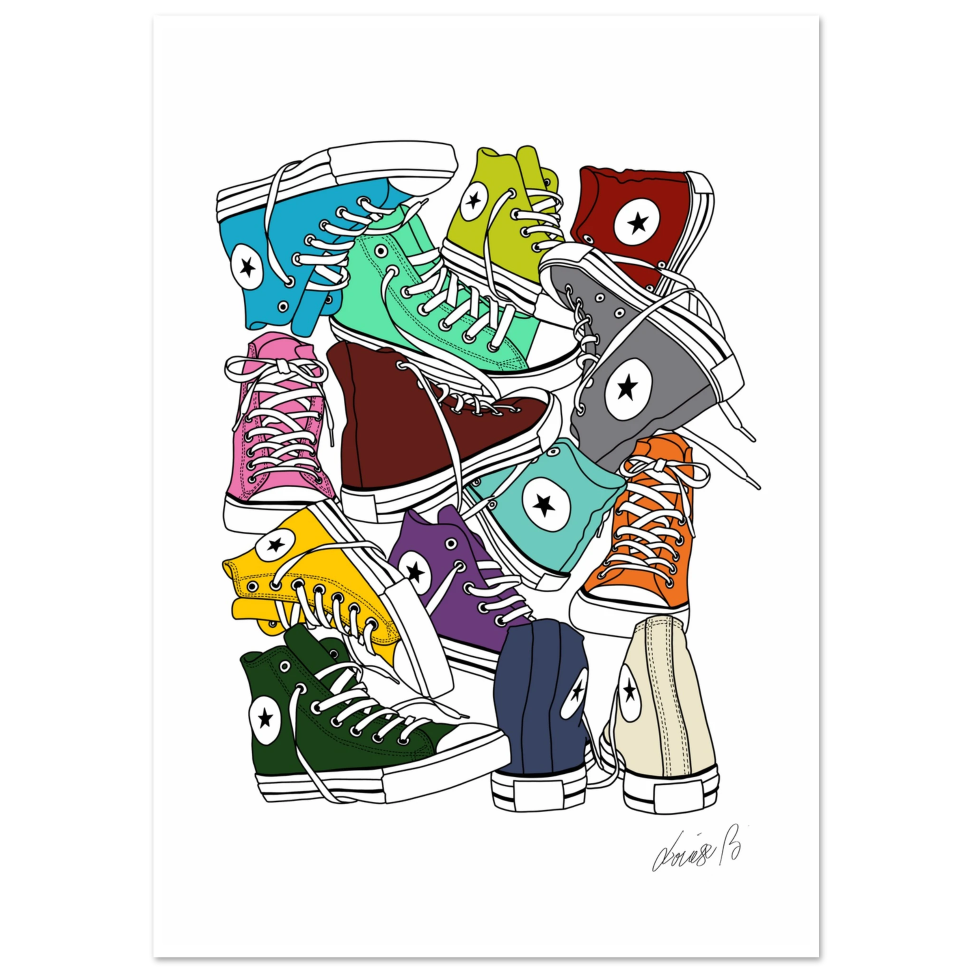 Step by Step är ett färgsprakande motiv fyllt av rörelse och liv. Ett myller av färger och linjer där varje sko bär sin egen historia.