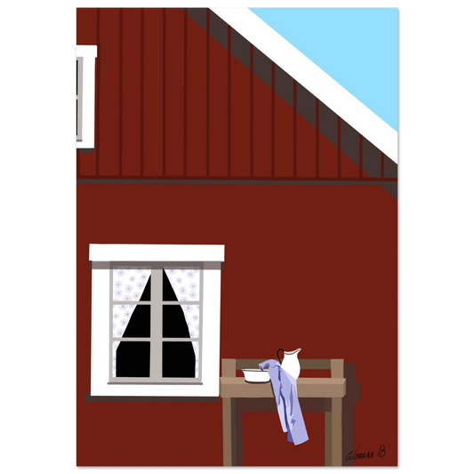 Digital art print med rött husmotiv. Skandinavisk känsla i stilren, modern form – en hyllning till nordiskt ljus.