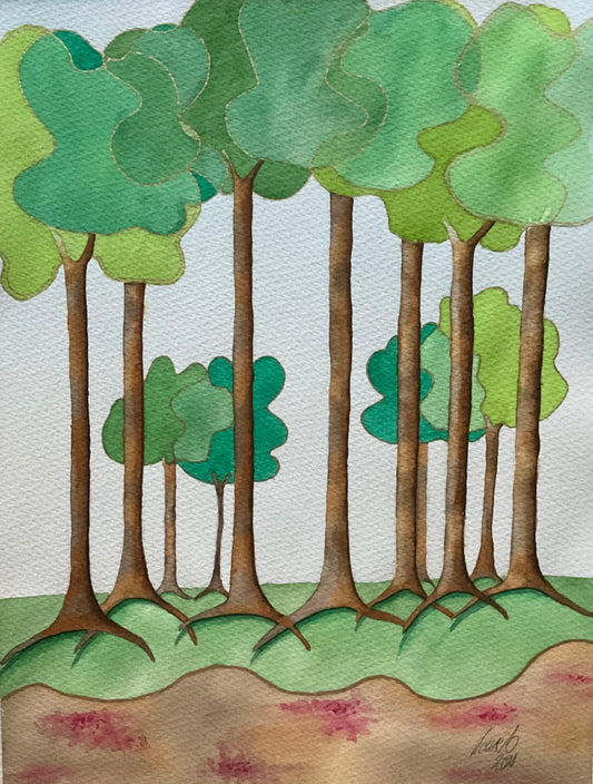 Akvarellmålningar i gröna nyanser som skildrar en lugn skog. Två originalverk som säljs tillsammans. Handmålade av svensk konstnär. Perfekt för naturälskare och hem i harmonisk stil.