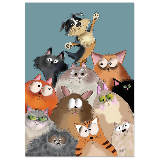 Ett humoristiskt och färgstarkt kattprint fyllt av personlighet och charm. Perfekt som modern väggkonst för kattälskare och kreativa hem.