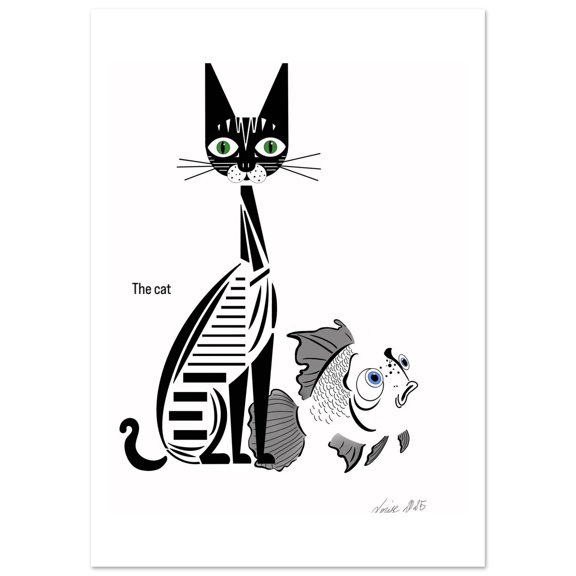 Digital art print i svartvitt med kattmotiv. Modern och lekfull illustration med grafisk stil.