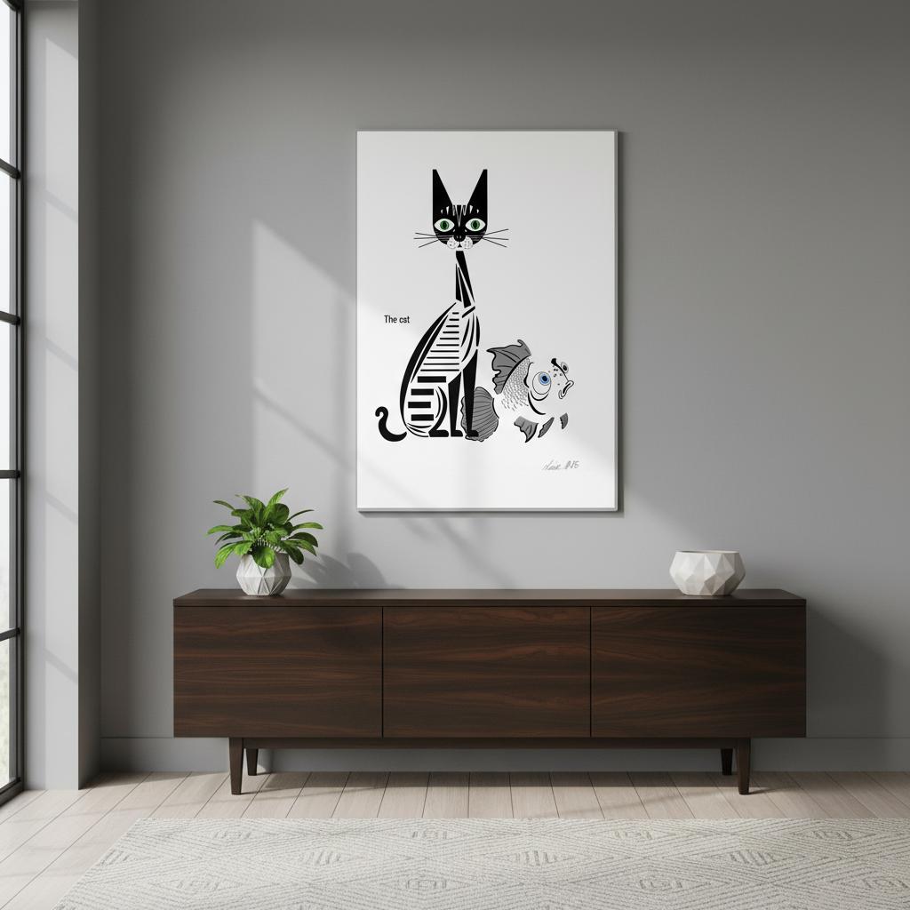 Digital art print i svartvitt med kattmotiv. Modern och lekfull illustration med grafisk stil.