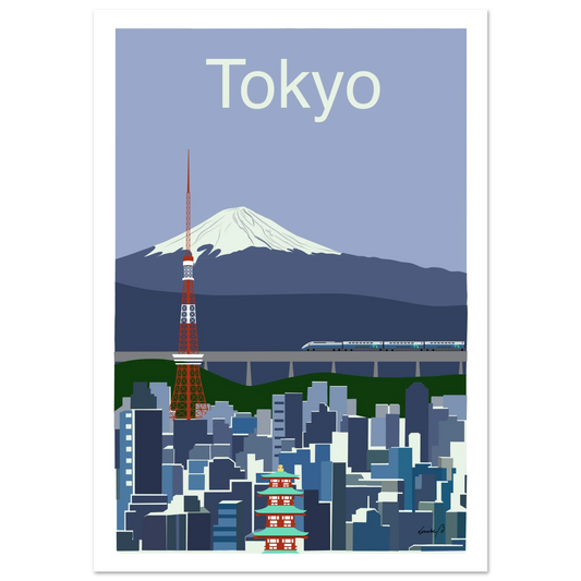 Ett grafiskt konstverk som speglar Tokyos kontraster – natur och neon i harmonisk balans. Digital print i klara blå toner med röda detaljer.