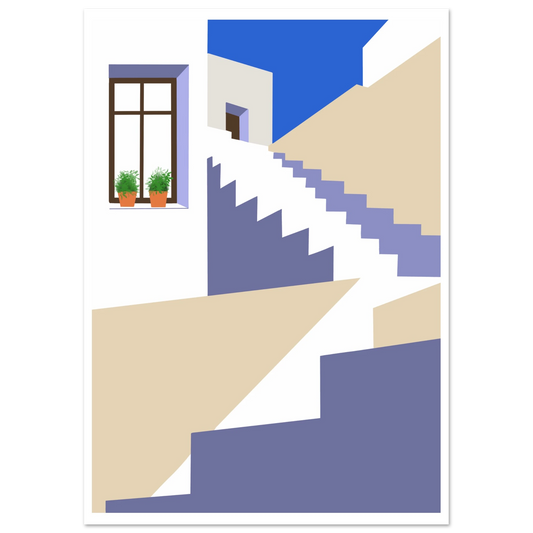 Digital art print med trappmotiv i ljusa färger. Grafisk och modern illustration med arkitektonisk känsla.