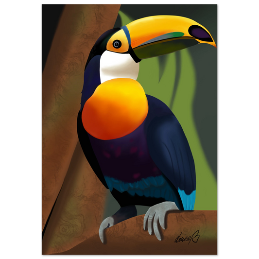 Färgstarkt konsttryck med tukan. Digital illustration med tropiskt motiv och uttrycksfull stil.