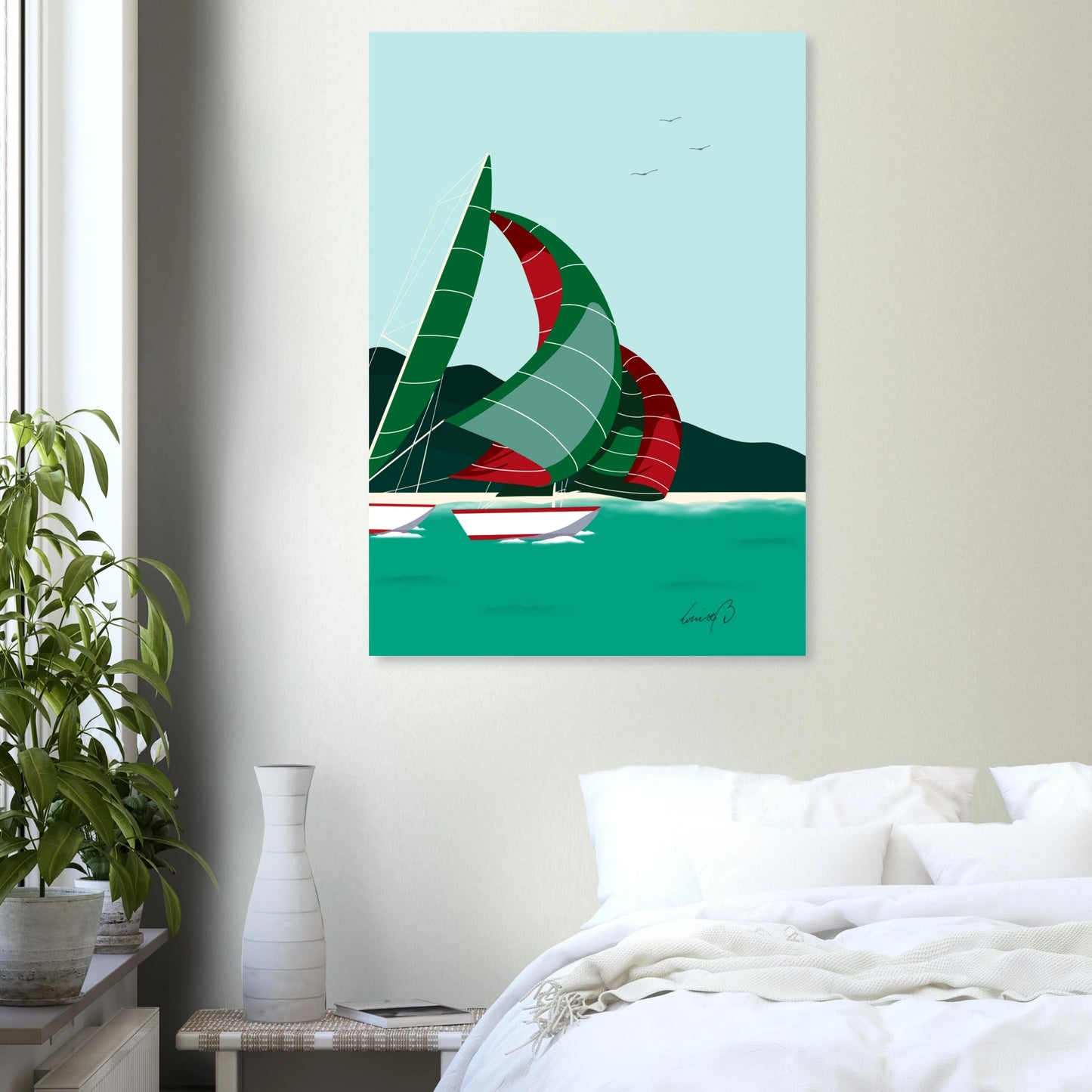 En digital art print med segelbåtar i rörelse. “Vind i seglen” bär känslan av frihet, vind och vågor – ett konstverk för älskare av hav och ljus.