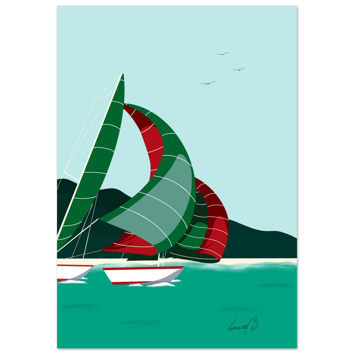 En digital art print med segelbåtar i rörelse. “Vind i seglen” bär känslan av frihet, vind och vågor – ett konstverk för älskare av hav och ljus.